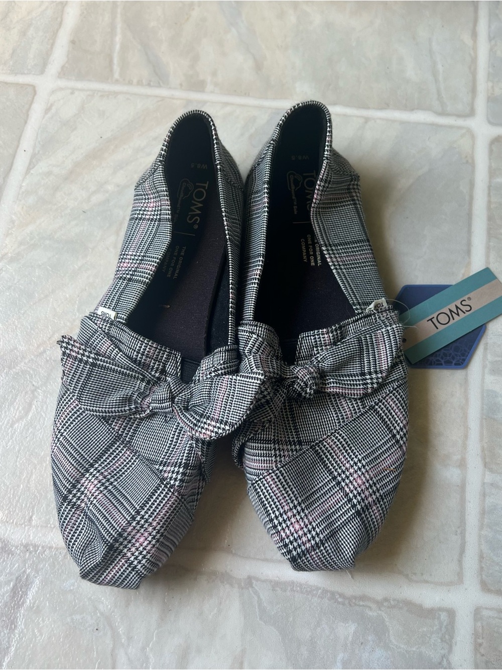 Toms Plaid Knot-Front Flats in Black and Pink Accent